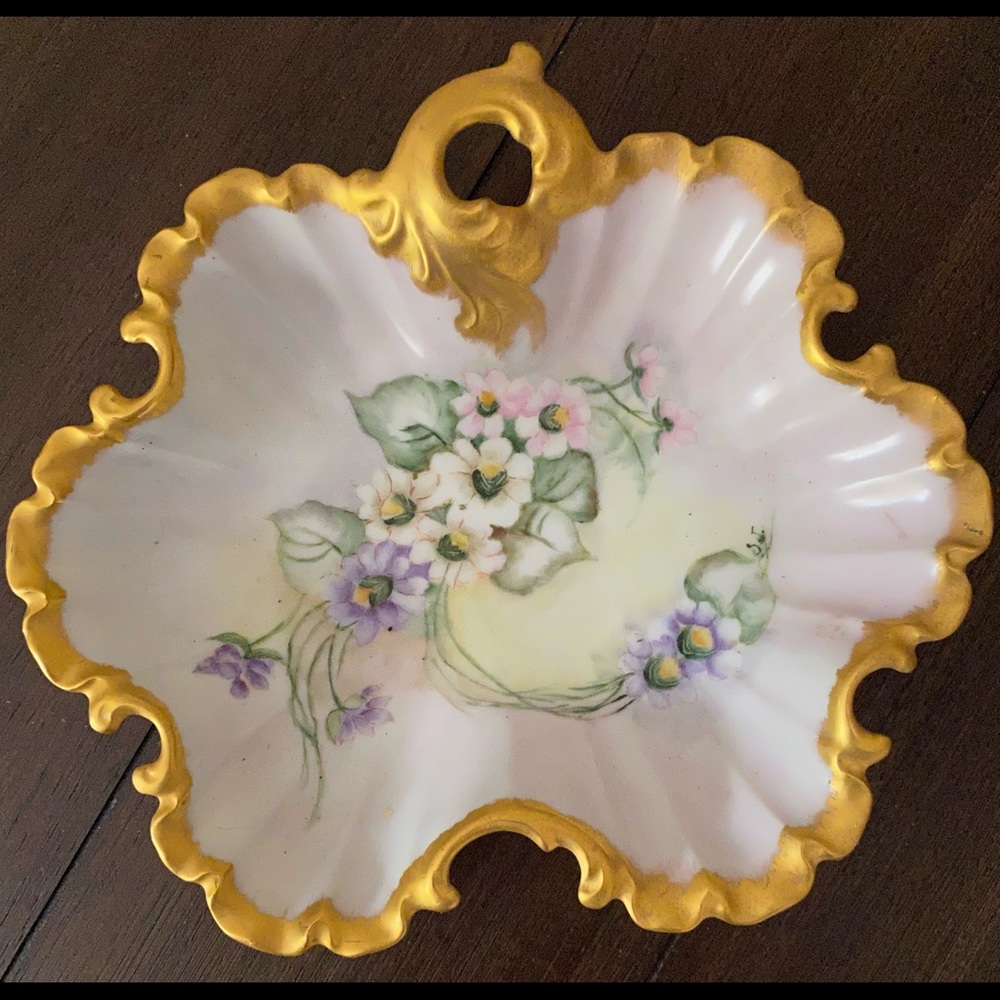 Vintage Gold Trimmed Candy Trinket Dish Hand Painted Signed S.J.